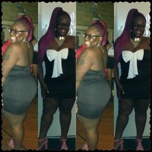 BLACK STRAPLESS DRESS WITH OFF WHIT BOW